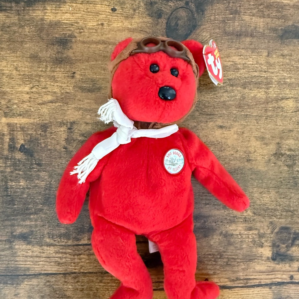 Ty Red Plush Bear with White Scarf and Brown Goggles